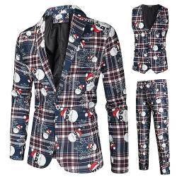 Achlibe Smoking Anzüge für Männer 3 Stück Regular Fit Anzug Schneeflocke Schneemann Print Blazer Jacke Hosen Westen Weihnachten Männer Anzug Set, Blau kariert, XXXXL von Achlibe