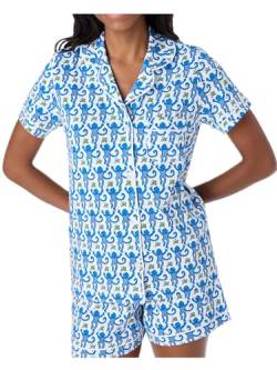 Achlibe Süßer Sommer-Pyjama für Damen, Loungewear-Set, Y2K-Grafikdruck, kurzärmelig, Hemd und Shorts, Pyjama-Set, A-a-sky blauer Affe, 46 von Achlibe