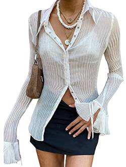 Achlibe Y2k Damen Bluse mit Knopfleiste, durchsichtig, lange Ärmel, 90er Jahre, E-Mädchen, Vintage, Harajuku, Streetwear, weiß, L von Achlibe
