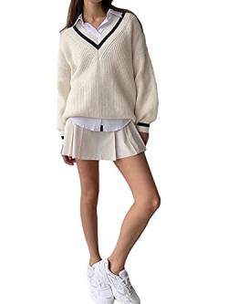 Argyle Y2k Damen Pullover Langarm V-Ausschnitt adrette Oversized Strickpullover Top Lose Strickwaren, weiß, S von Achlibe