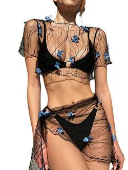 Damen Bikini Cover Up Set Schmetterling Gemustert Kurzarm Transparent Netz Crop Tops Schnürung Sarong Wickelrock, A-schwarz, S von Achlibe