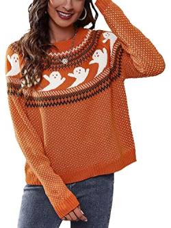 Damen Halloween-Pullover Strickpullover Geist Rundhalsausschnitt Lange Raglanärmel Pullover Strickwaren, Orange, S von Achlibe