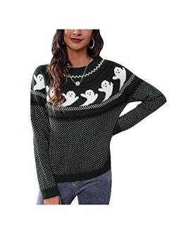 Damen Halloween-Pullover Strickpullover Geist Rundhalsausschnitt Lange Raglanärmel Pullover Strickwaren, grün, M von Achlibe