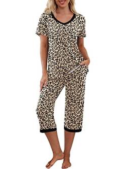 Damen Pyjama Set Kurzarm V Ausschnitt T-Shirt und Caprihose Nachtwäsche Kontrastfarbe Loungewear Homewear Outfits, Leopard Khaki, 42 von Achlibe
