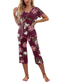 Damen Pyjama Set Kurzarm V-Ausschnitt T-Shirt und Caprihose Nachtwäsche Kontrastfarbe Loungewear Homewear Outfits, Weinrote Blume, 42 von Achlibe