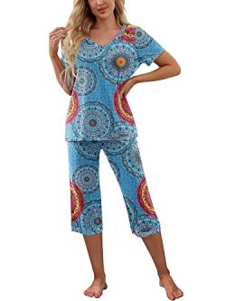 Damen Pyjama Set Kurzarm V-Ausschnitt T-Shirt und Caprihose Nachtwäsche Kontrastfarbe Loungewear Homewear Outfits, blau, Medium von Achlibe