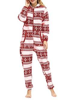 Damen-Schlafanzug, Weihnachtsmotiv, Hirsch, Schneeflocke, Reißverschluss, Kapuzen-Fleece, Einteiler, langärmelig, Overall, Nachtwäsche, Outfit, Schneeflocke rot, 42 von Achlibe