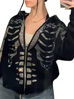 Damen Strass Hoodie Skelett Print Langarm Kapuzenjacke Jacke Mantel Reißverschluss Sweatshirt, A-schwarz, 38 von Achlibe