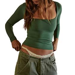 Damen lässiges Langarmshirt Y2k mit quadratischem Ausschnitt, einfarbig, schlank geschnitten, Crop-Tops, Streetwear (A-Green, S) von Achlibe