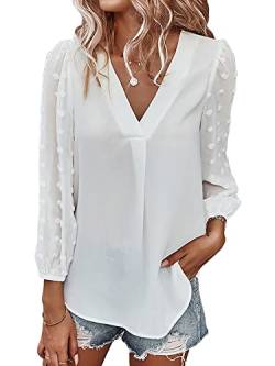 Frauen Chiffon Shirts Langarm V Ausschnitt Lose Pullover T-Shirt Tops Baggy Basic Tunika Bluse, A-b-weiß, Small von Achlibe