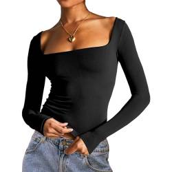 Frauen Crop Top Y2k Langarm Quadratischer Ausschnitt Slim Fit Enge Herbst Tee Shirt Basic Bluse Ausgehen Top Streetwear, A-A-A-schwarz, M von Achlibe