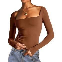 Frauen Crop Top Y2k Langarm Quadratischer Ausschnitt Slim Fit Enge Herbst Tee Shirt Basic Bluse Ausgehen Top Streetwear, A-b-hellbraun, M von Achlibe