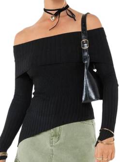 Frauen Off The Shoulder Top Y2k Herbst Langarm Pullover Asymmetrisch Gestrickt Ausgehen T-Shirts Streetwear, A-schwarz, Small von Achlibe