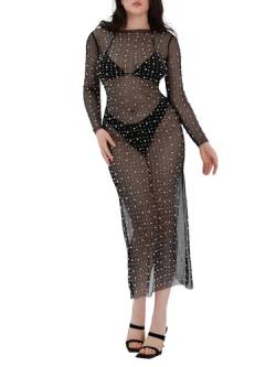 Frauen Sheer Mesh Perle Overlay Strass Strand Bikini Cover up Kleid Sarong Urlaub Party Club Badeanzug, A-A-A-schwarz, XL von Achlibe