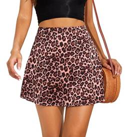 Acramy Damen Kurzer Rock Sommer Blumen Minirock A-Linie Rock (S, Pink Leopard) von Acramy