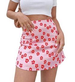 Acramy Damen Kurzer Rock Sommer Blumen Minirock A-Linie Rock (XL, Pink Flowers) von Acramy