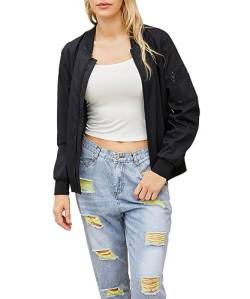 Acramy Damen Leicht Fliegerjacke Übergangsjacke Stehkragen Dünne Bomberjacke (Schwarz, XL) von Acramy