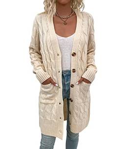 Acramy Damen Mantel Herbst Winter Strickjacke Lang Grobstrick Cardigan Strickmantel mit Knöpfen (M, Beige) von Acramy