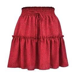 Acramy Damen Rock Sommer A-Linie Minirock Blumen Sommerrock Boho Faltenrock (L, Rot) von Acramy