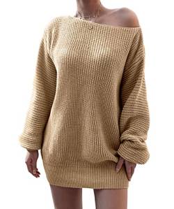 Acramy Damen Schulterfrei Pullover Kleid Langarm Strickkleid One Shoulder Pullover Strick Pulli Herbst/Winter (L, Khaki) von Acramy