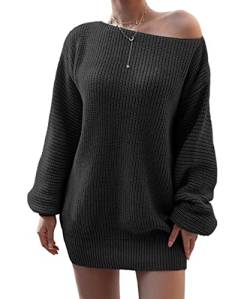 Acramy Damen Schulterfrei Pullover Kleid Langarm Strickkleid One Shoulder Pullover Strick Pulli Herbst/Winter (L, Schwarz) von Acramy