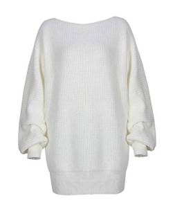 Acramy Damen Schulterfrei Pullover Kleid Langarm Strickkleid One Shoulder Pullover Strick Pulli Herbst/Winter (L, Weiß) von Acramy