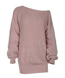 Acramy Damen Schulterfrei Pullover Kleid Langarm Strickkleid One Shoulder Pullover Strick Pulli Herbst/Winter (M, Rosa) von Acramy