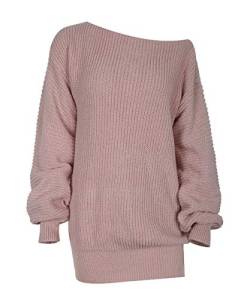 Acramy Damen Schulterfrei Pullover Kleid Langarm Strickkleid One Shoulder Pullover Strick Pulli Herbst/Winter (XL, Rosa) von Acramy