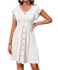 Acramy Damen Sommerkleid Kurzarm V-Ausschnitt Knielang Kleider Sommer Einfarbig Freizeitkleid (XL, Weiß) von Acramy