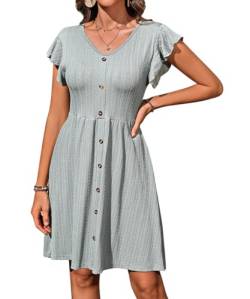 Acramy Damen Sommerkleid Kurzarm V-Ausschnitt Knielang Kleider Sommer Einfarbig Freizeitkleid (XXL, Grün) von Acramy