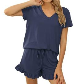 Acramy Damen Tshirt und Shorts 2 teiler Set Sommer Zweiteilig Kurz Schlafanzug Pyjama Set (A-Blau, M) von Acramy