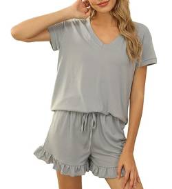 Acramy Damen Tshirt und Shorts 2 teiler Set Sommer Zweiteilig Kurz Schlafanzug Pyjama Set (A-Grau, XXL) von Acramy