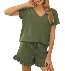 Acramy Damen Tshirt und Shorts 2 teiler Set Sommer Zweiteilig Kurz Schlafanzug Pyjama Set (A-Grün, S) von Acramy