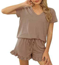 Acramy Damen Tshirt und Shorts 2 teiler Set Sommer Zweiteilig Kurz Schlafanzug Pyjama Set (A-Khaki, L) von Acramy