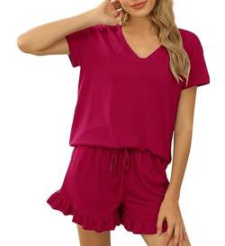 Acramy Damen Tshirt und Shorts 2 teiler Set Sommer Zweiteilig Kurz Schlafanzug Pyjama Set (A-Rot, L) von Acramy