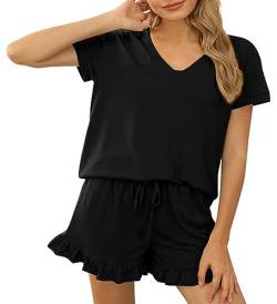 Acramy Damen Tshirt und Shorts 2 teiler Set Sommer Zweiteilig Kurz Schlafanzug Pyjama Set (A-Schwarz, M) von Acramy