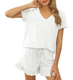 Acramy Damen Tshirt und Shorts 2 teiler Set Sommer Zweiteilig Kurz Schlafanzug Pyjama Set (A-Weiß, M) von Acramy