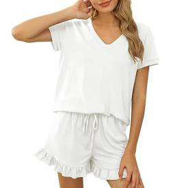 Acramy Damen Tshirt und Shorts 2 teiler Set Sommer Zweiteilig Kurz Schlafanzug Pyjama Set (A-Weiß, S) von Acramy