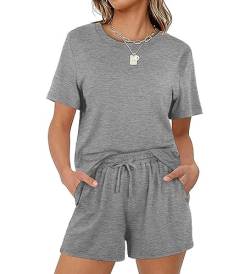 Acramy Damen Tshirt und Shorts Set 2 teiler Sommer Zweiteilig Kurz Schlafanzug Pyjama Set (Grau, XXL) von Acramy