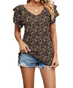 Acramy Damen Tunika Shirt Elegant Sommer Oberteile Kurzarm V-Ausschnitt T-Shirt (Blumen 1, L) von Acramy