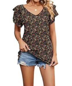 Acramy Damen Tunika Shirt Elegant Sommer Oberteile Kurzarm V-Ausschnitt T-Shirt (Blumen 1, XL) von Acramy