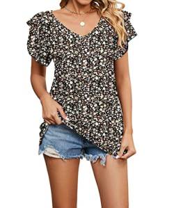 Acramy Damen Tunika Shirt Elegant Sommer Oberteile Kurzarm V-Ausschnitt T-Shirt (Blumen 2, L) von Acramy