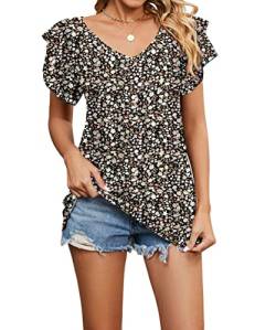 Acramy Damen Tunika Shirt Elegant Sommer Oberteile Kurzarm V-Ausschnitt T-Shirt (Blumen 2, M) von Acramy