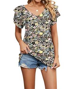 Acramy Damen Tunika Shirt Elegant Sommer Oberteile Kurzarm V-Ausschnitt T-Shirt (Blumen 3, XL) von Acramy