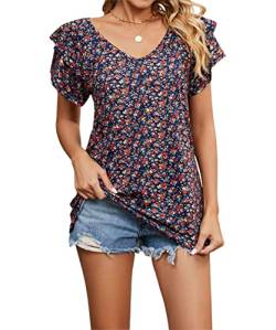 Acramy Damen Tunika Shirt Elegant Sommer Oberteile Kurzarm V-Ausschnitt T-Shirt (Blumen 4, L) von Acramy
