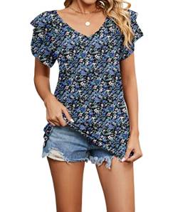 Acramy Damen Tunika Shirt Elegant Sommer Oberteile Kurzarm V-Ausschnitt T-Shirt (Blumen 5, L) von Acramy