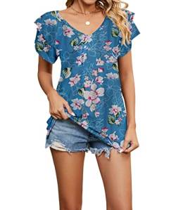 Acramy Damen Tunika Shirt Elegant Sommer Oberteile Kurzarm V-Ausschnitt T-Shirt (Blumen blau, L) von Acramy