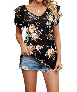 Acramy Damen Tunika Shirt Elegant Sommer Oberteile Kurzarm V-Ausschnitt T-Shirt (Blumen schwarz, L) von Acramy