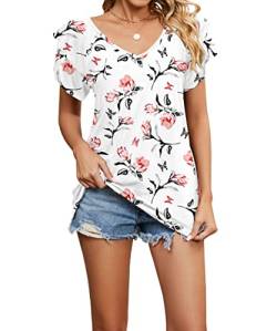 Acramy Damen Tunika Shirt Elegant Sommer Oberteile Kurzarm V-Ausschnitt T-Shirt (Blumen weiß, L) von Acramy