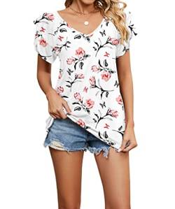Acramy Damen Tunika Shirt Elegant Sommer Oberteile Kurzarm V-Ausschnitt T-Shirt (Blumen weiß, M) von Acramy